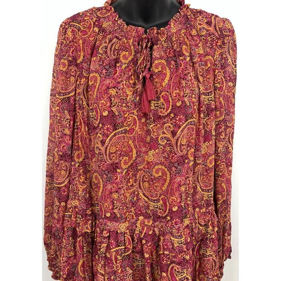 FRYE Women Dress Size Medium M Red Rocks Combo Bohemian Paisley Long Sleeve New - Picture 2 of 12